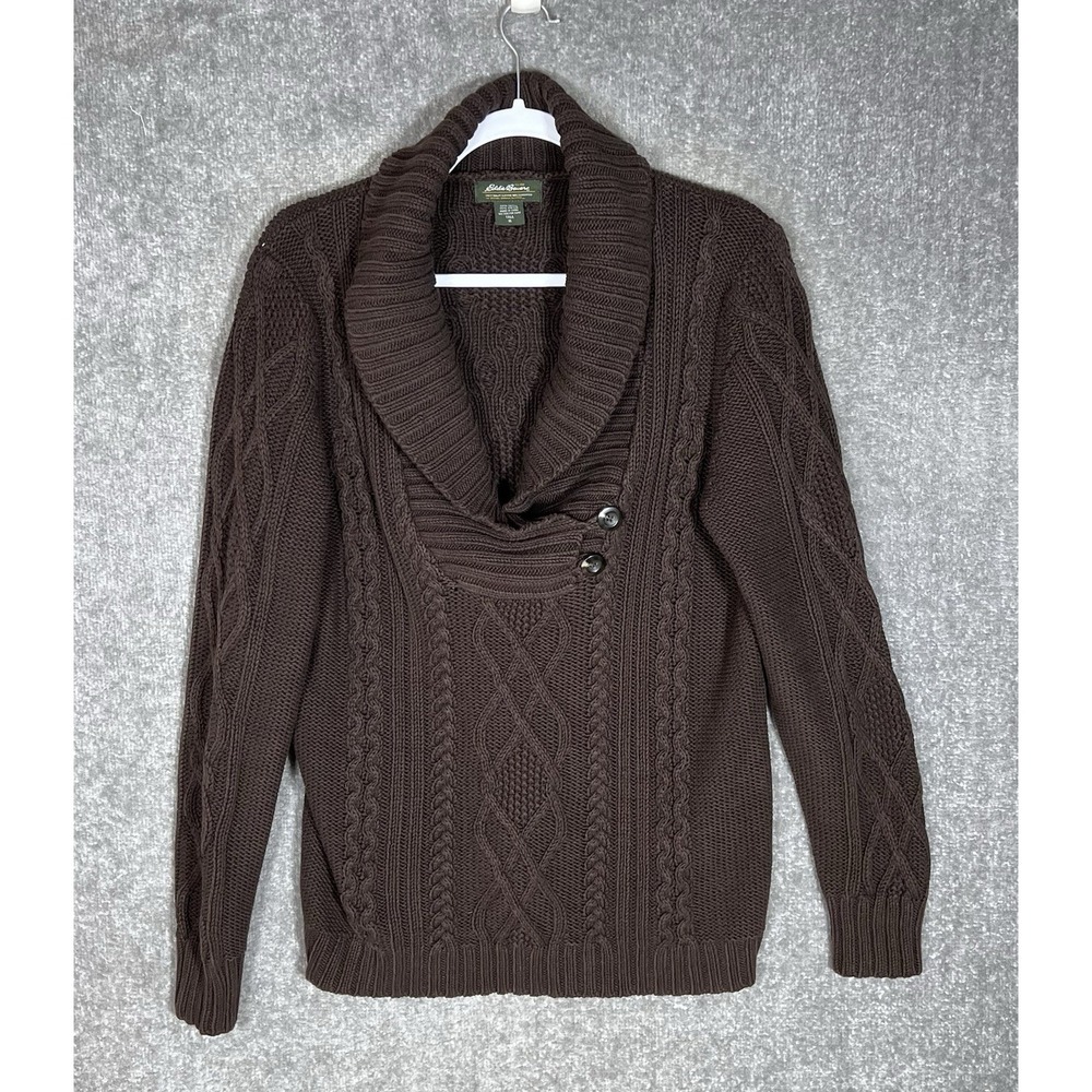 Eddie Bauer Shawl Collar Cable Knit Sweater Womens Sz XL Tall Brown Academia VTG